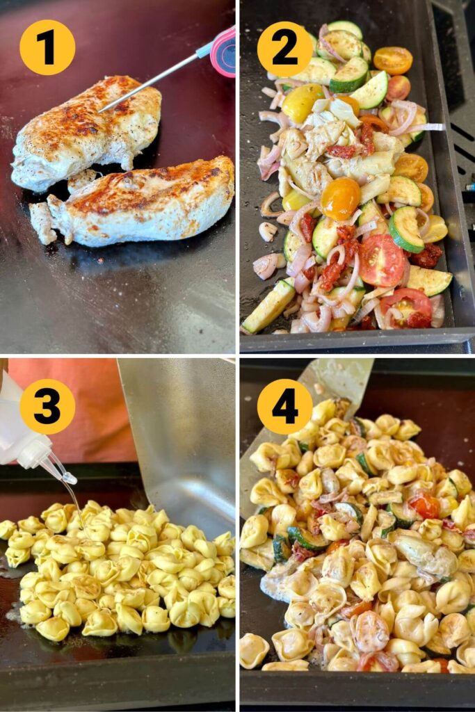 collage showing steps to make chicken tortellini on a griddle