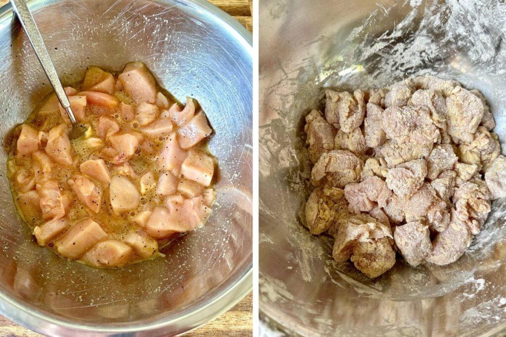 coating chicken breast chunks in egg wash and flour