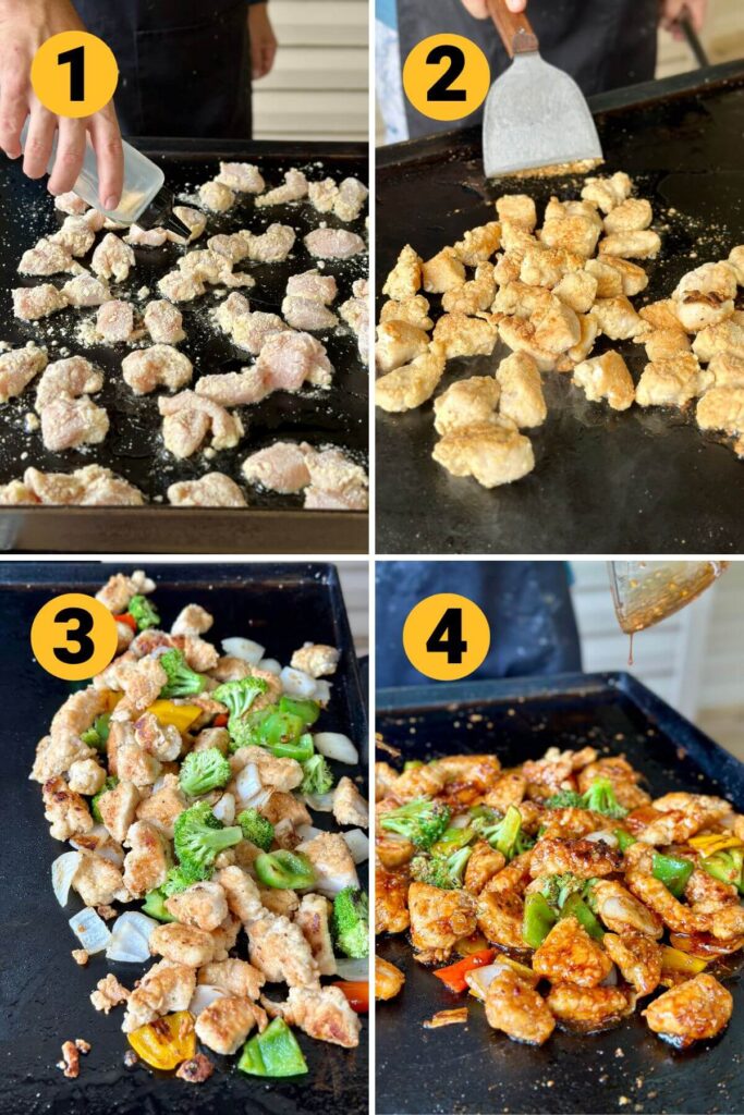 collage showing steps to cook sesame chicken on the Blackstone griddle