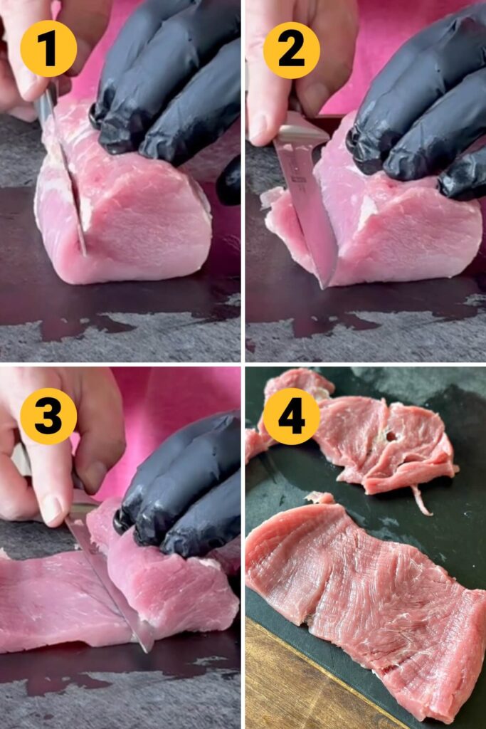 collage showing steps to cut a pork tenderloin thin