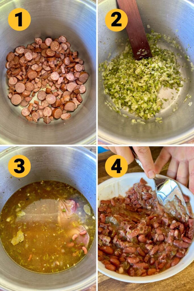 collage with steps to make red beans and rice with sausage