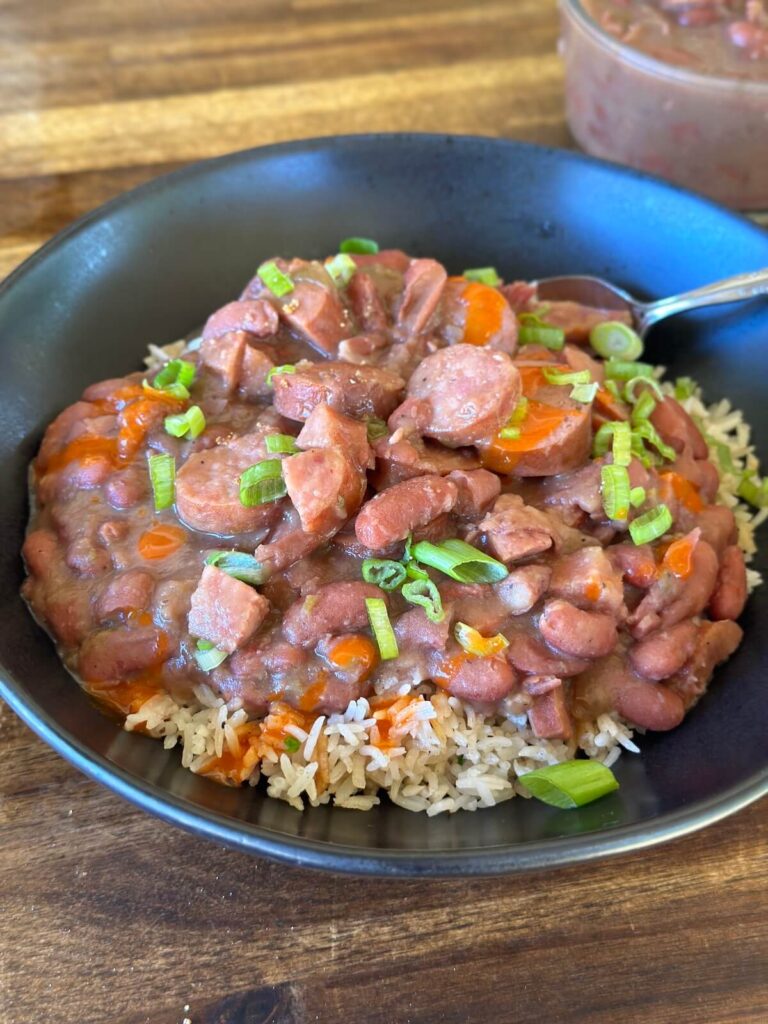 Cajun style red beans and smoked sausage over white rice