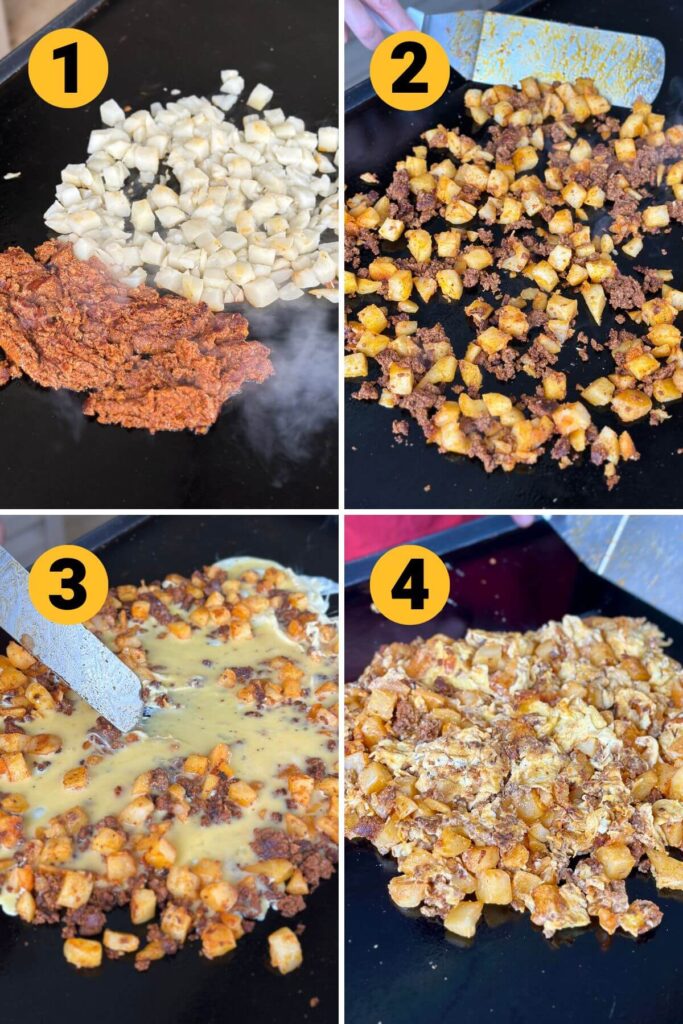 collage showing steps to make chorizo breakfast tacos