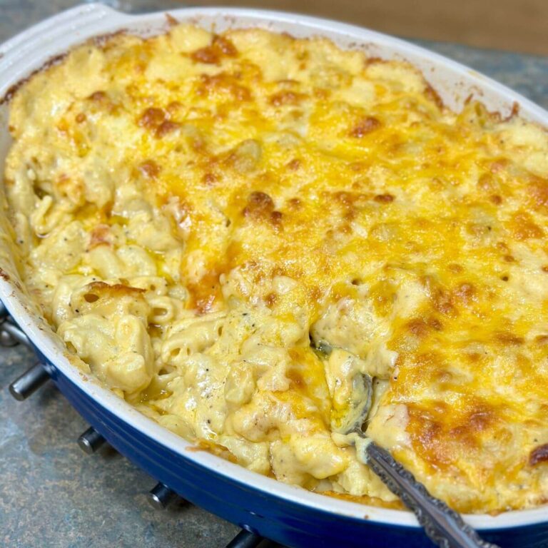 homemade creamy mac and cheese in a casserole dish