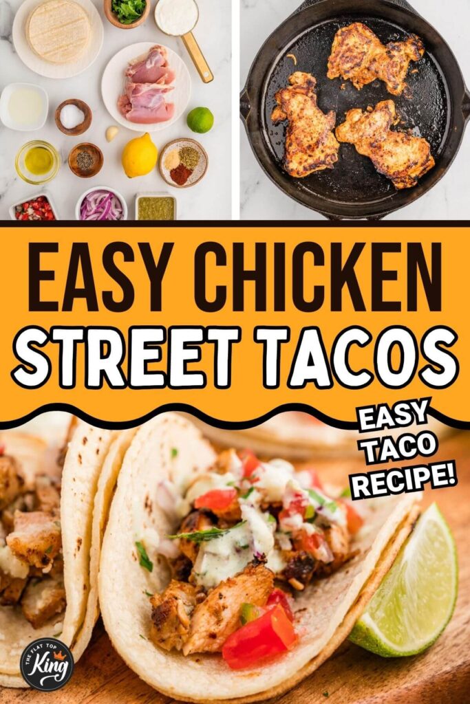 collage showing how to make chicken street tacos in a skillet and necessary ingredients