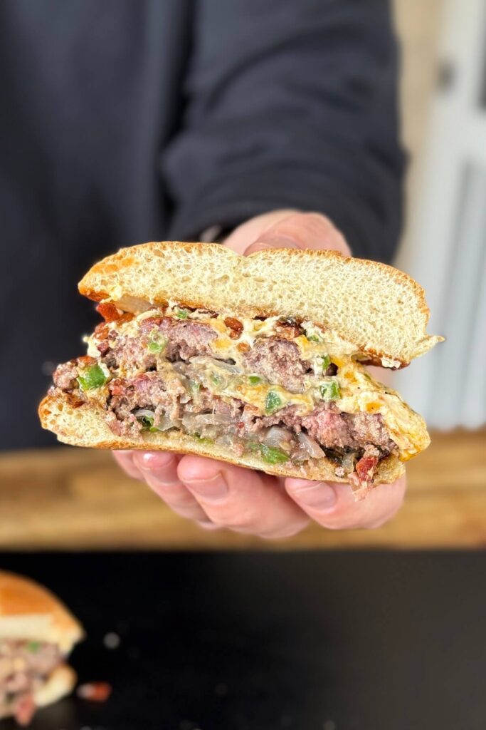 jalapeno popper smash burger cut in half