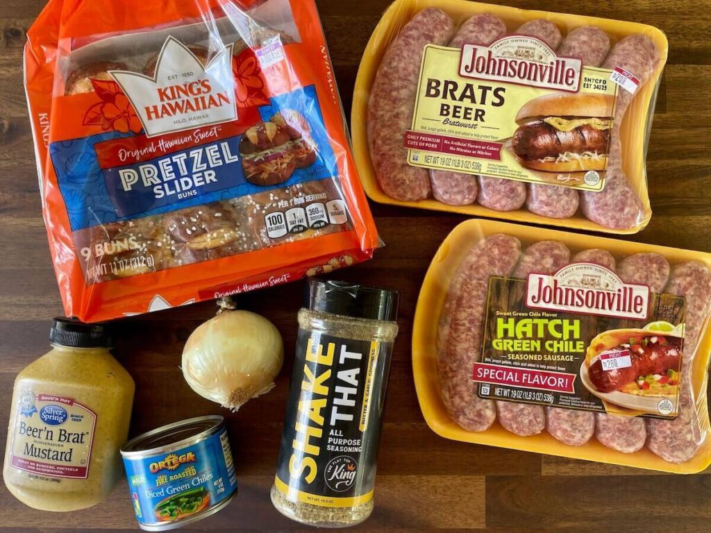 bratwurst sausages, pretzel buns, onion, mustard, and seasoning