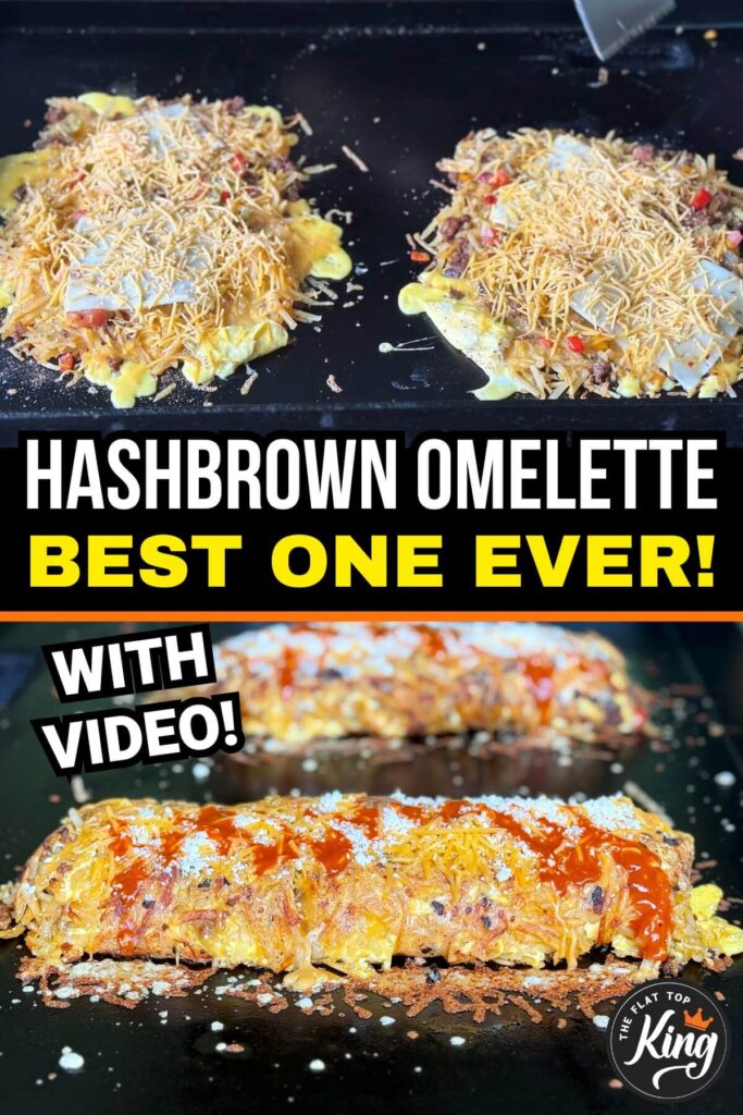 collage showing how to make a hash brown omelette on a griddle