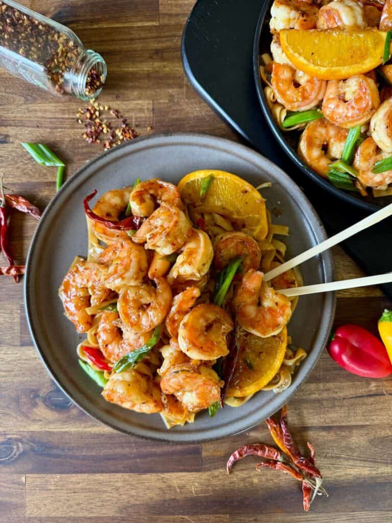 spicy orange shrimp with noodles