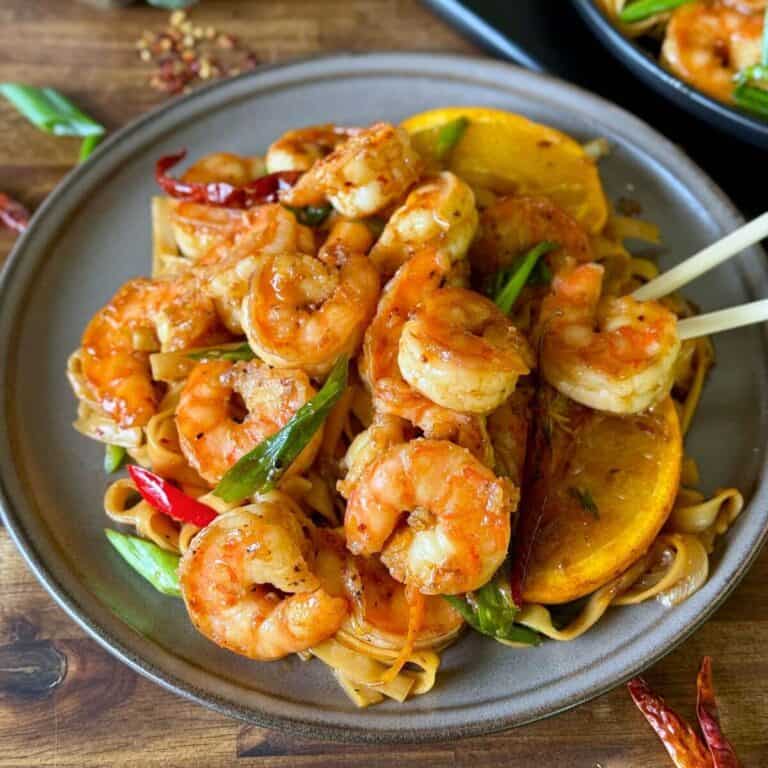 spicy orange shrimp with Asian style lo mein noodles
