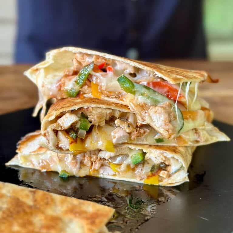 chicken fajita quesadilla with Mexican chicken, melty cheese, and peppers and onions