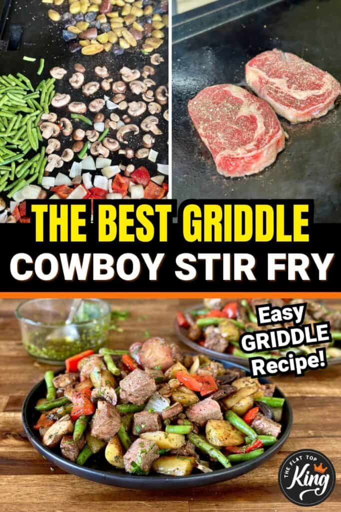 collage showing how to make cowboy steak stir fry on the griddle