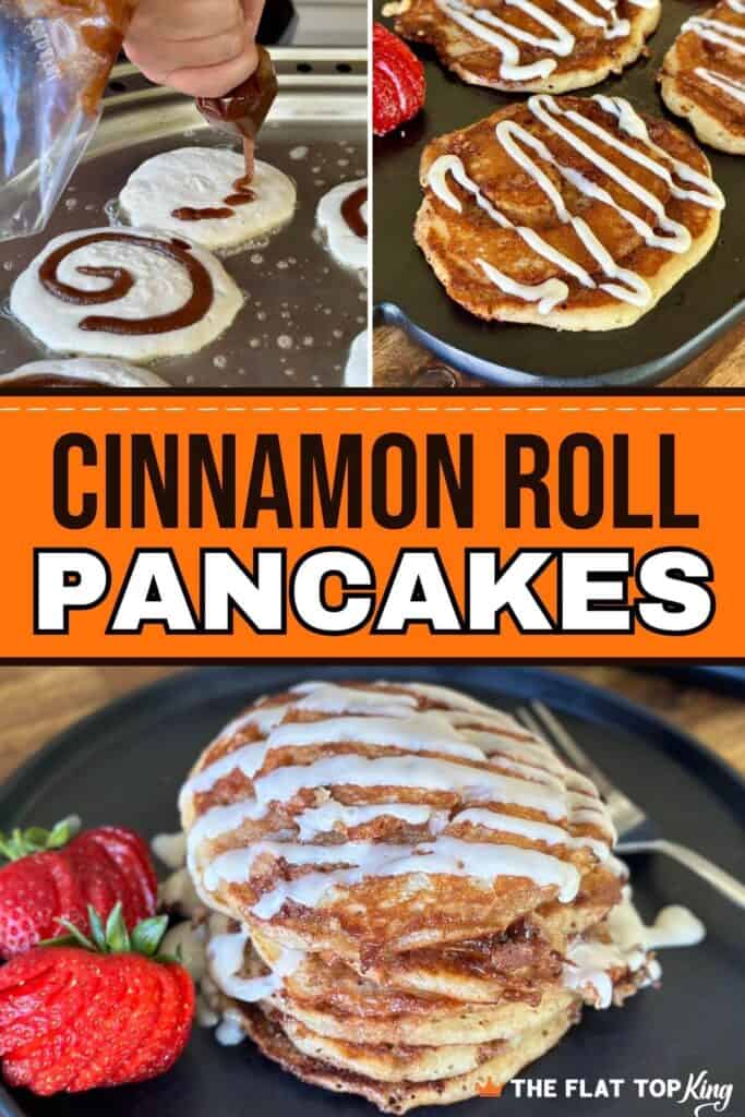 collage showing how to make cinnamon roll pancakes