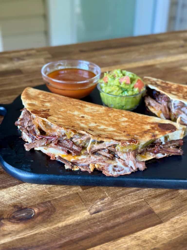 shredded beef quesadilla with guacamole