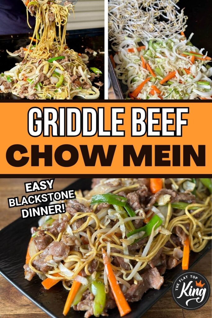 collage showing how to make beef chow mein on a Blackstone griddle