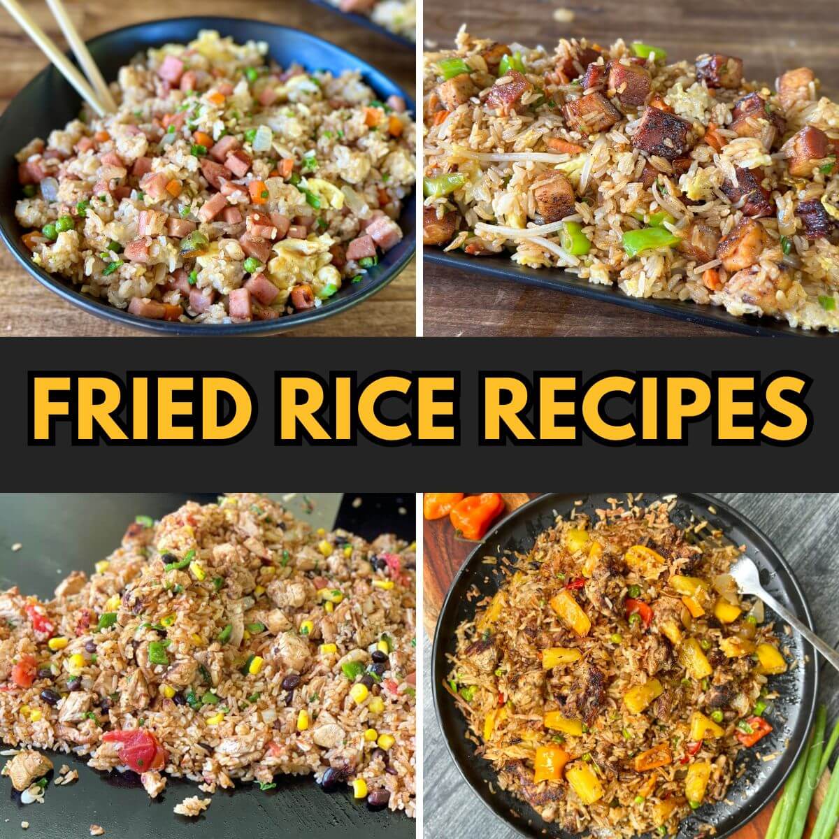 collage of different types of fried rice