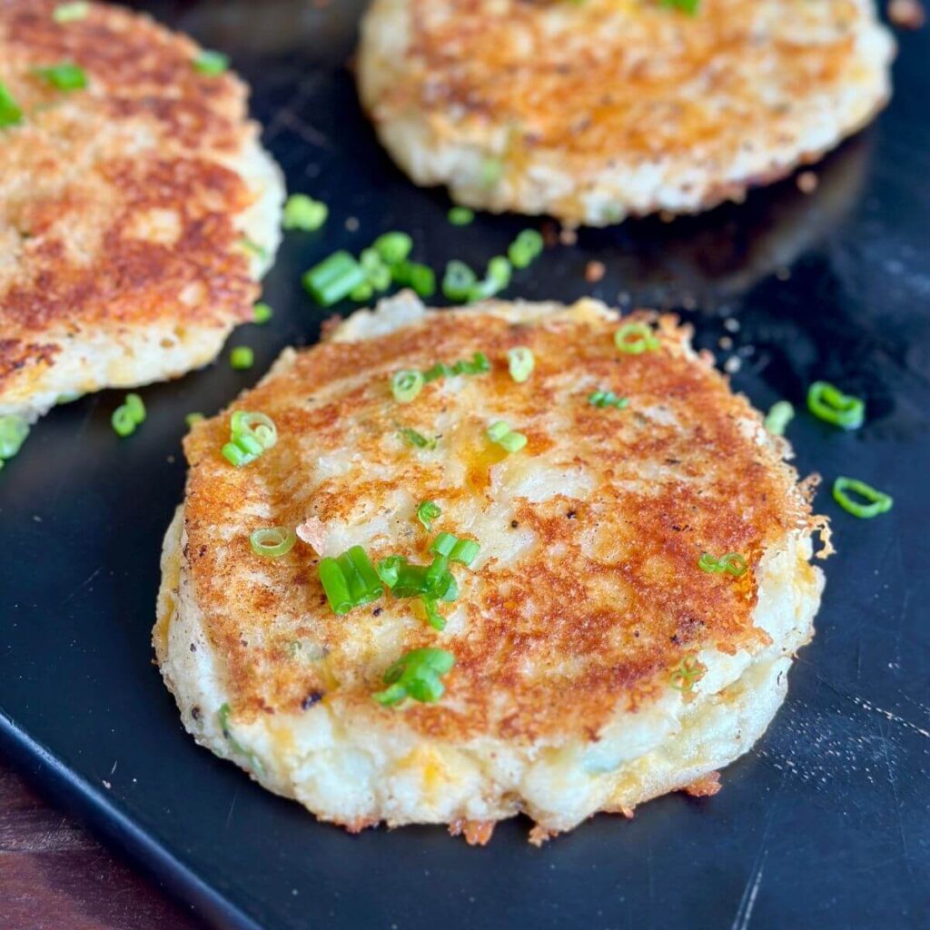 cheesy potato cakes made with leftover mashed potatoes