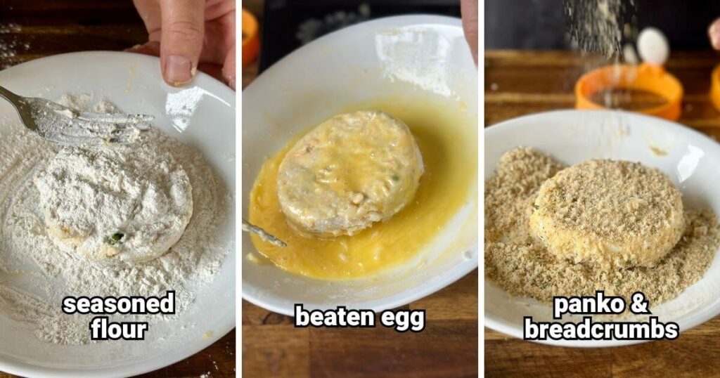 collage showing steps to dredge mashed potato cakes for frying