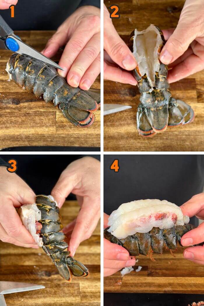 collage showing how to cut and prep lobster tails