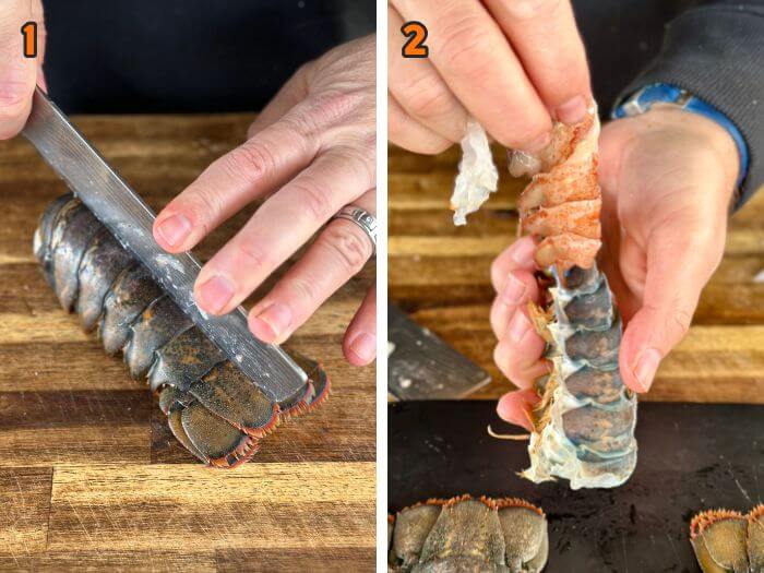 collage showing how to remove lobster meat from shell