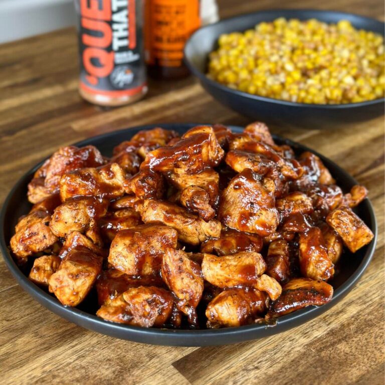 BBQ chicken bites on a plate