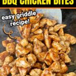 BBQ chicken bites cooking on a griddle