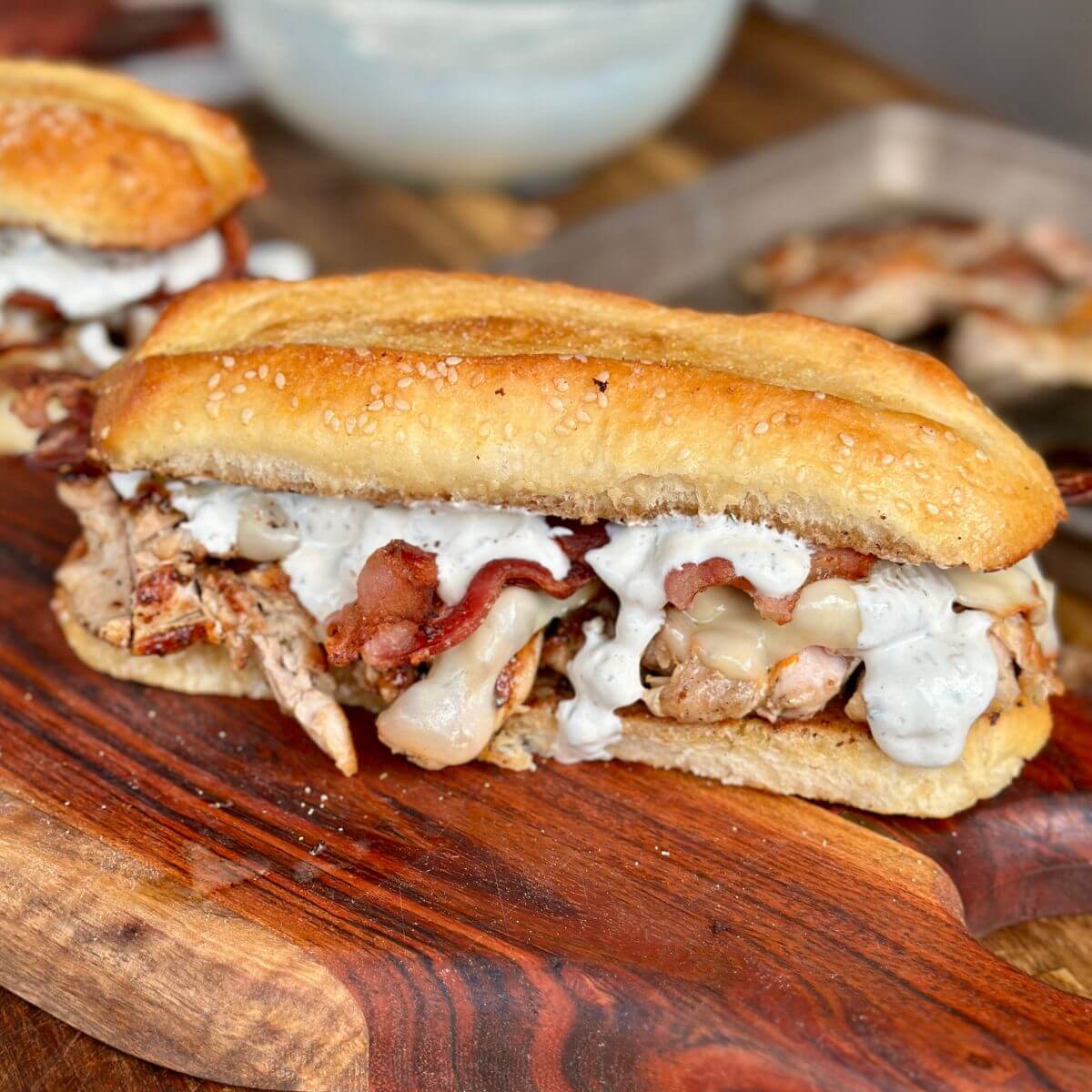 chicken bacon ranch sandwich on a hoagie roll