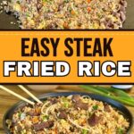 cooking steak fried rice on a griddle