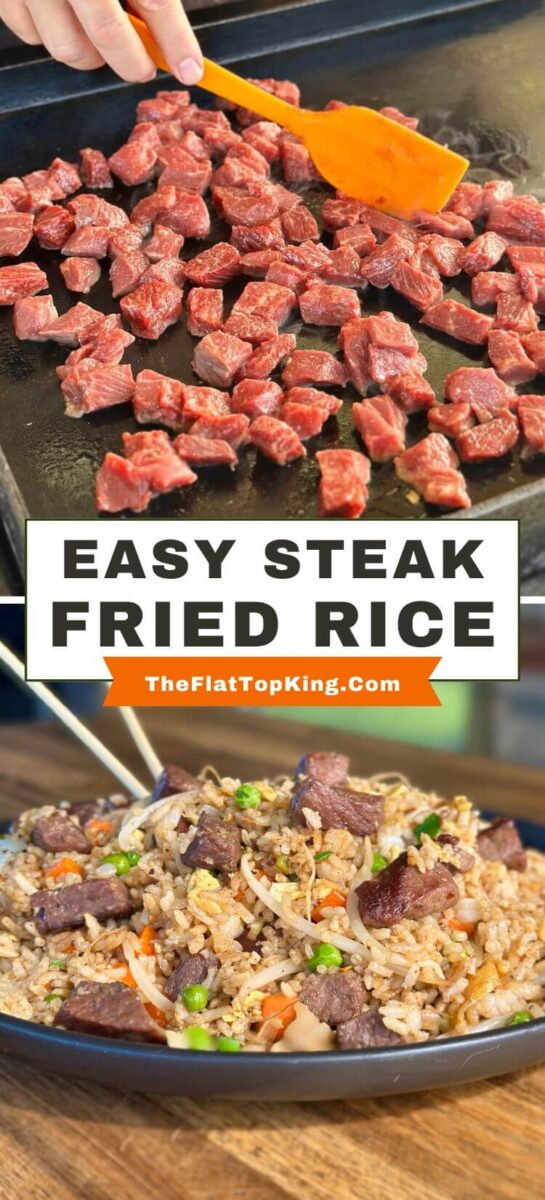 collage with photo of searing steak on a griddle on top and bottom photo of steak fried rice