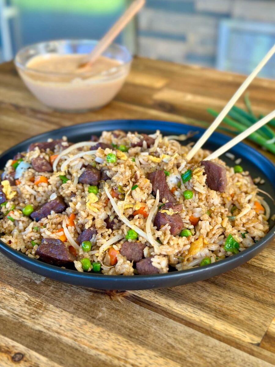 steak fried rice with yum yum sauce
