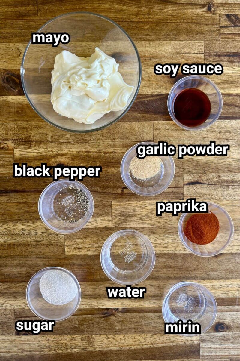 ingredients measured out in bowls for yum yum sauce