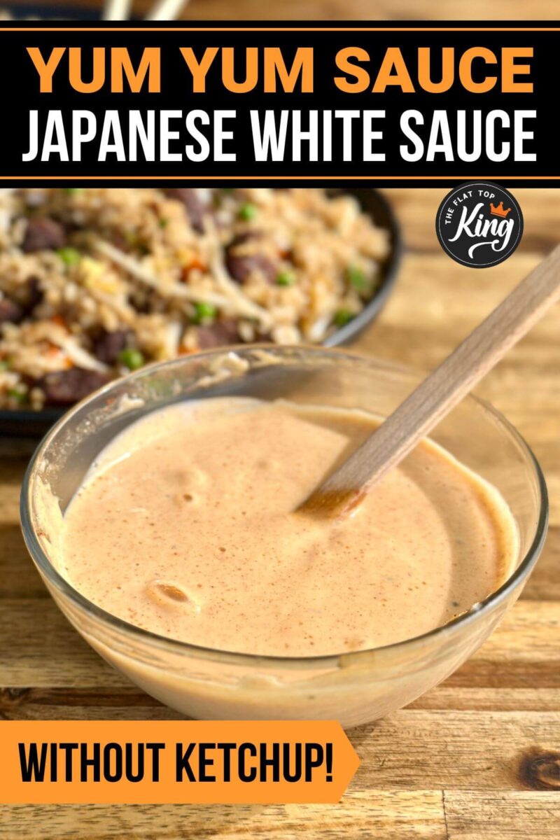 yum yum sauce in a bowl with a plate of hibachi style fried rice and teriyaki chicken