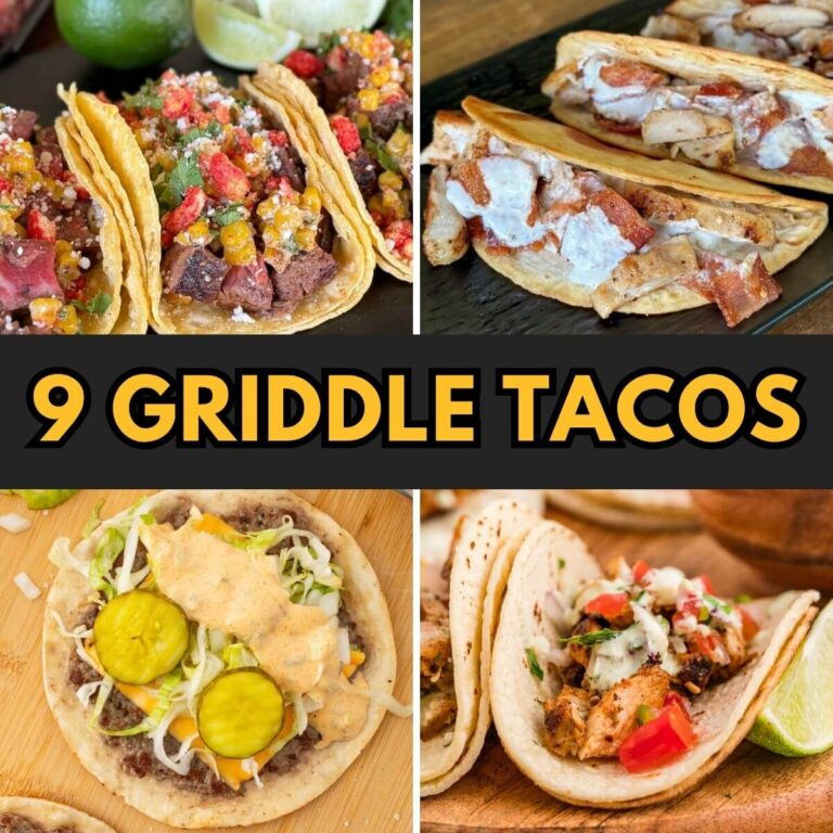 collage with 4 different tacos and text that says "9 griddle tacos"