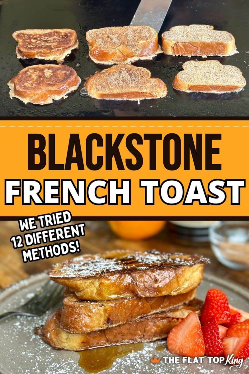 cooking French toast on a Blackstone griddle and a plate of stacked French toast with syrup and berries