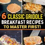 collage of breakfast foods cooking on a Blackstone including pancakes, hash browns, omelette, and French toast