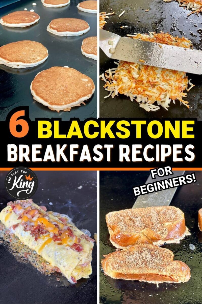 collage of Blackstone breakfast recipes including omelette, pancakes, hash browns, and French toast