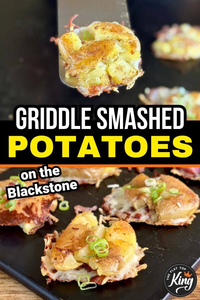 cooking smashed potatoes on the Blackstone griddle with cheese crust and sliced green onions
