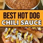 collage with a photo of cooking hot dog chili in a large skillet and a photo of a chili dog with mustard and onions