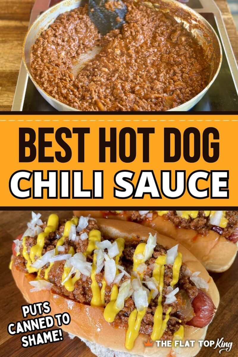 collage with a photo of cooking hot dog chili in a large skillet and a photo of a chili dog with mustard and onions