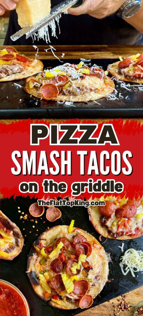 two panel collage with an image of pizza tortillas on a cutting board and an image of grating parmesan cheese on a pizza smash taco