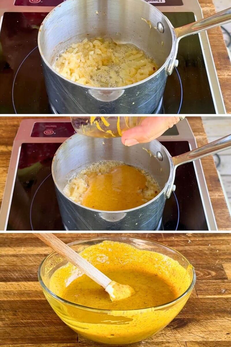 collage showing steps to make sweet hot mustard with buttered onions in a small saucepan