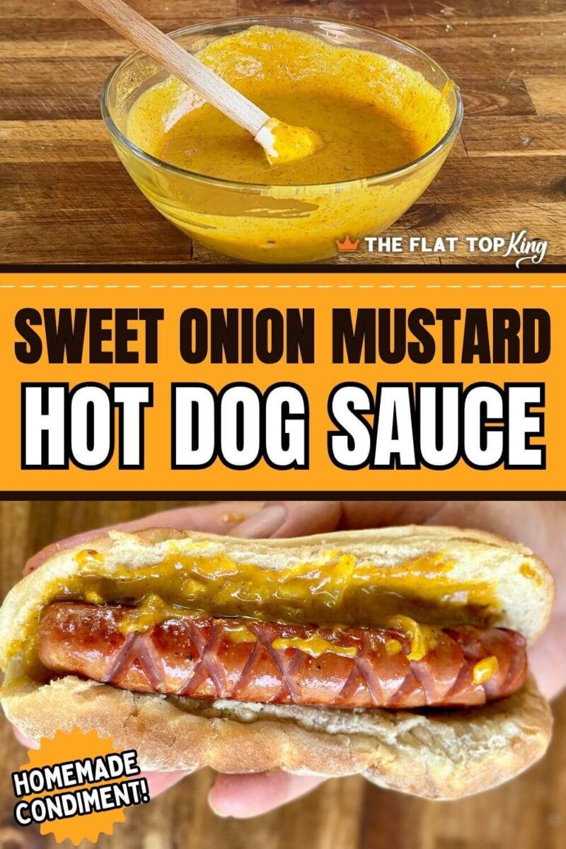 bowl of sweet onion mustard sauce and a hot dog in a bun with mustard sauce