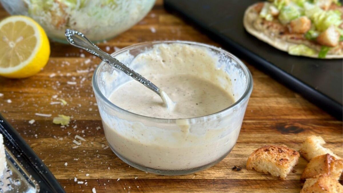 homemade traditional Caesar dressing in a bowl
