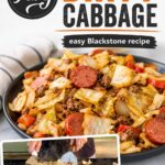 two panel image with a photo of cooking dirty cabbage on a griddle and a plate of dirty cabbage with ground beef and smoked sausage