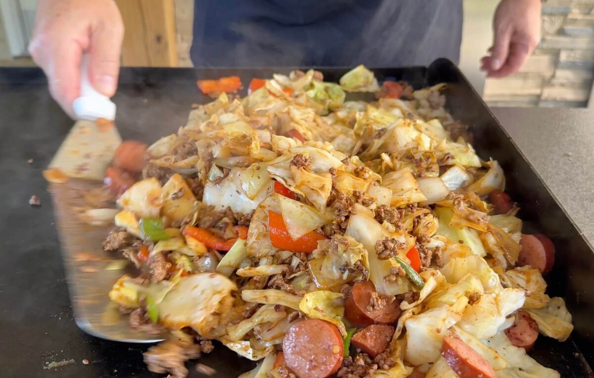making dirty cabbage on a Blackstone griddle