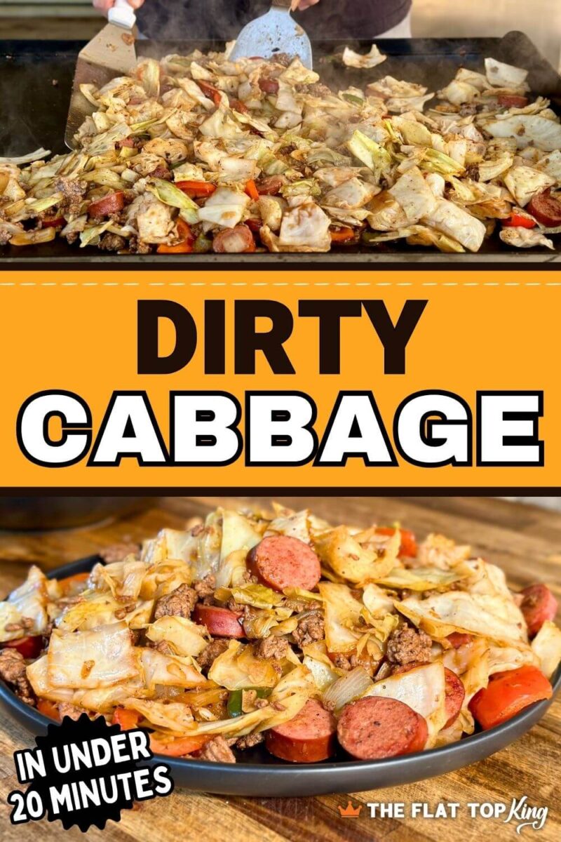 two panel image with a photo of cooking dirty cabbage on a Blackstone griddle and a plate of dirty cabbage with ground beef and smoked sausage