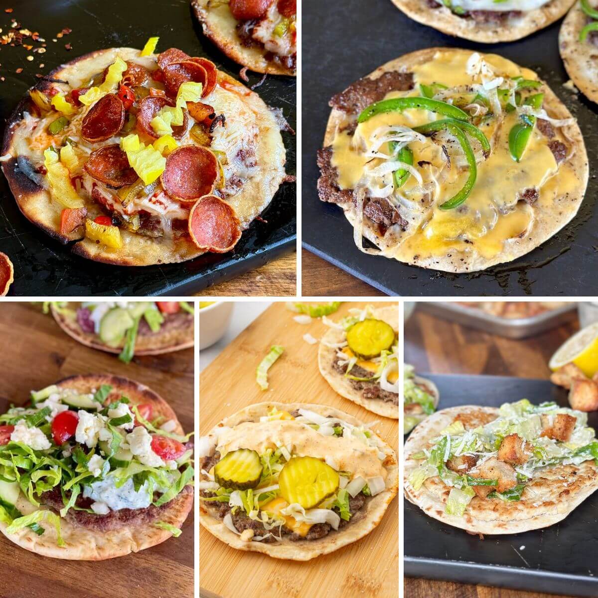 collage of 5 different smash tacos including a smash burger taco, pizza smash taco, Greek smash taco, and chicken Caesar smash taco