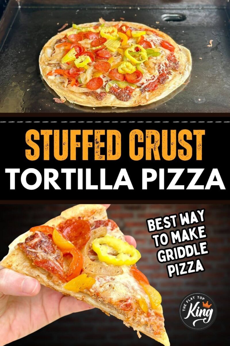 two panel collage with a picture of a tortilla pizza cooking on a Blackstone griddle and a slice of tortilla pizza