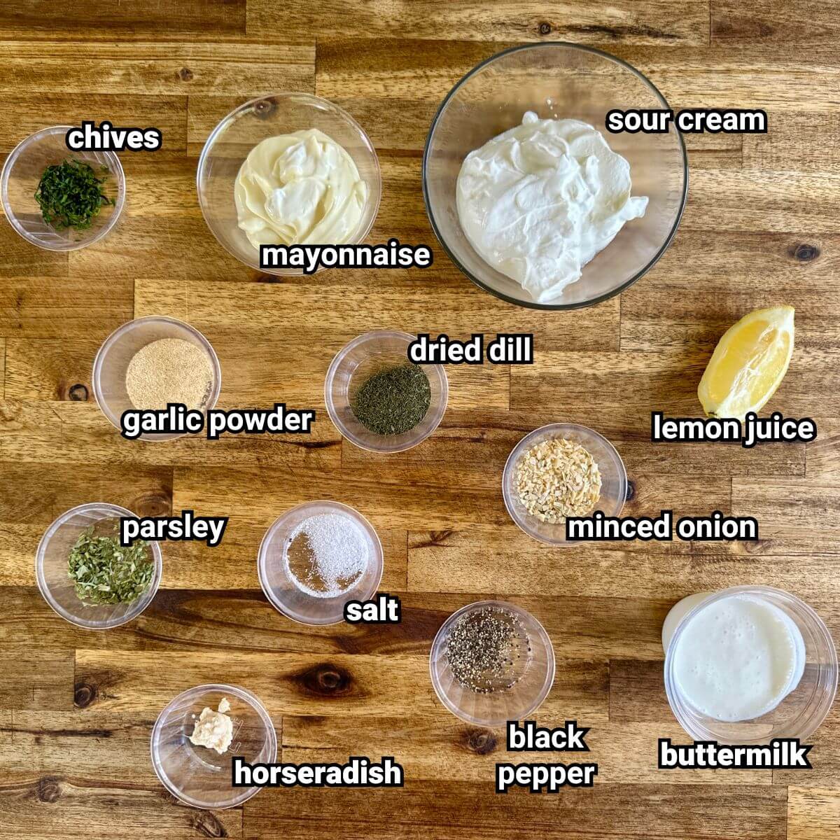 ingredients for buttermilk Ranch dressing measured out into cups