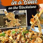 two image collage with a bowl of dumpling stir fry mixture with ground pork, vegetables, and wonton noodles and a photo of cooking dumpling in a bowl stir fry on a Blackstone griddle